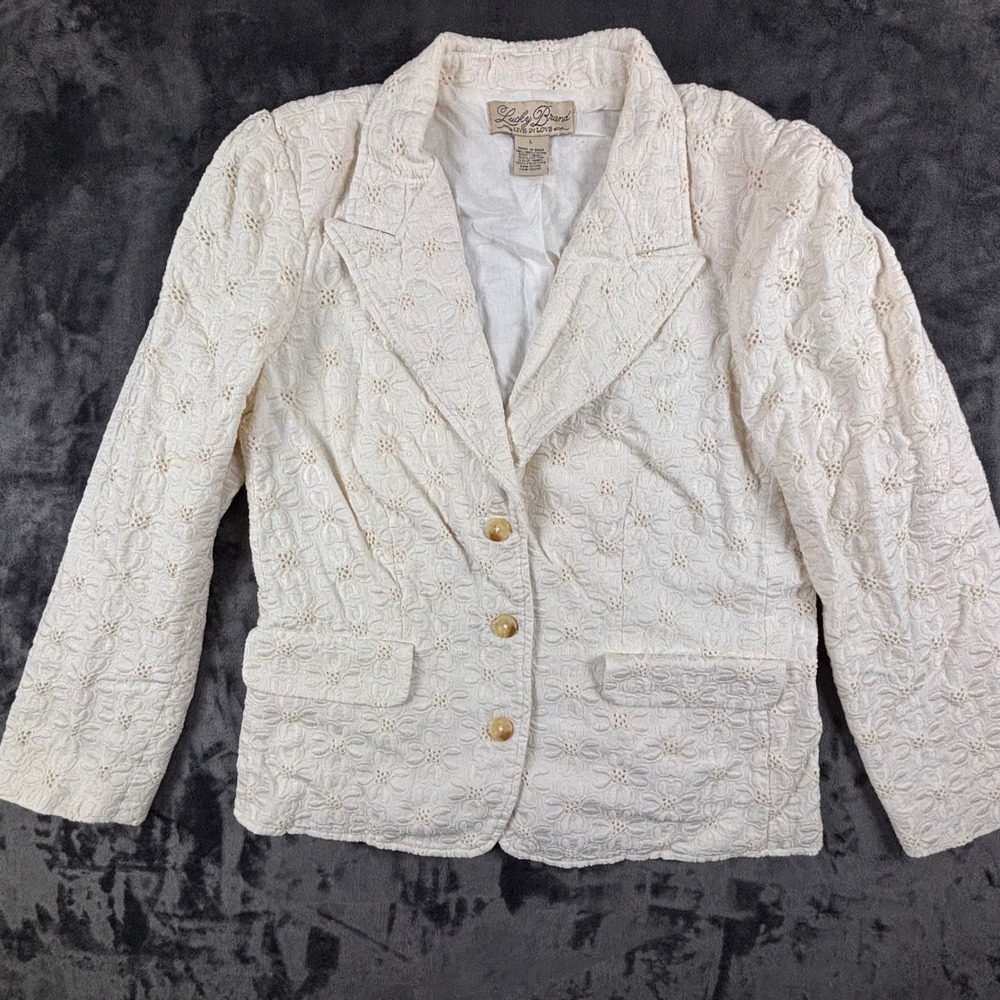 Lucky Brand Blazer Womens Large Cream Floral Eyelet Cotton Button Up Jacket